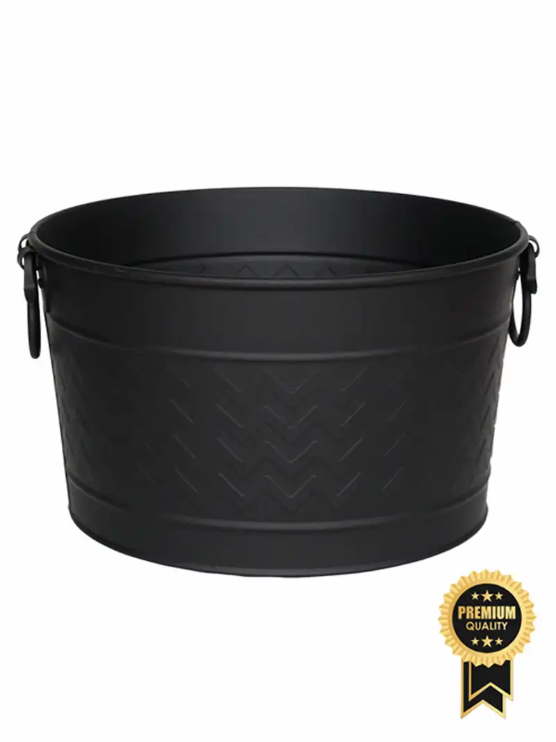 Siyah Renk Zigzag Desenli Yuvarlak Metal Şömine Odun Sepeti Kovası 43x36x25