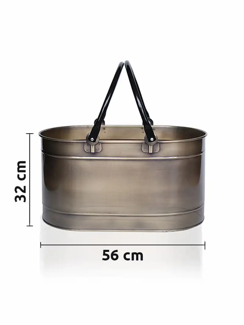 Çift Kulplu Lüks Gold Renk Metal Odun Kovası Şömine Odun Kovası 55x35x29 cm - 006