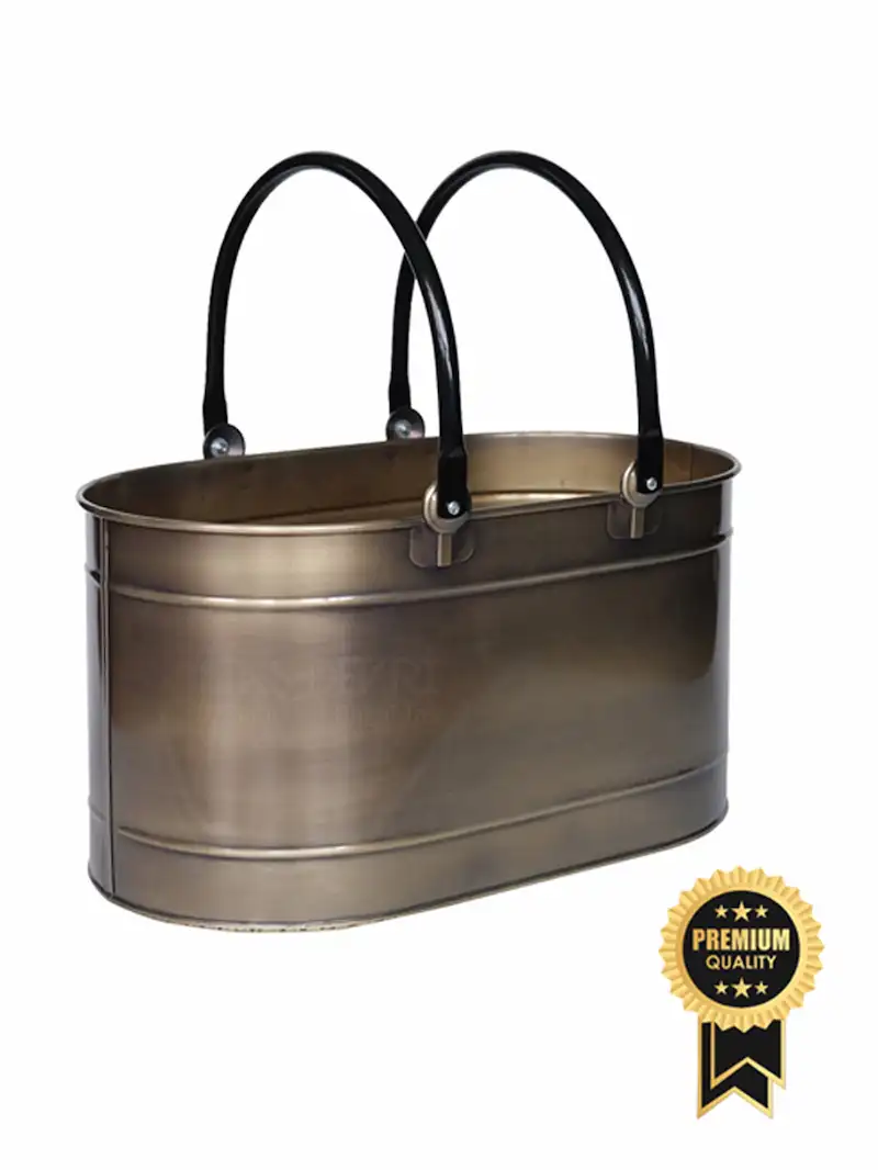 Çift Kulplu Lüks Gold Renk Metal Odun Kovası Şömine Odun Kovası 55x35x29 cm - 006